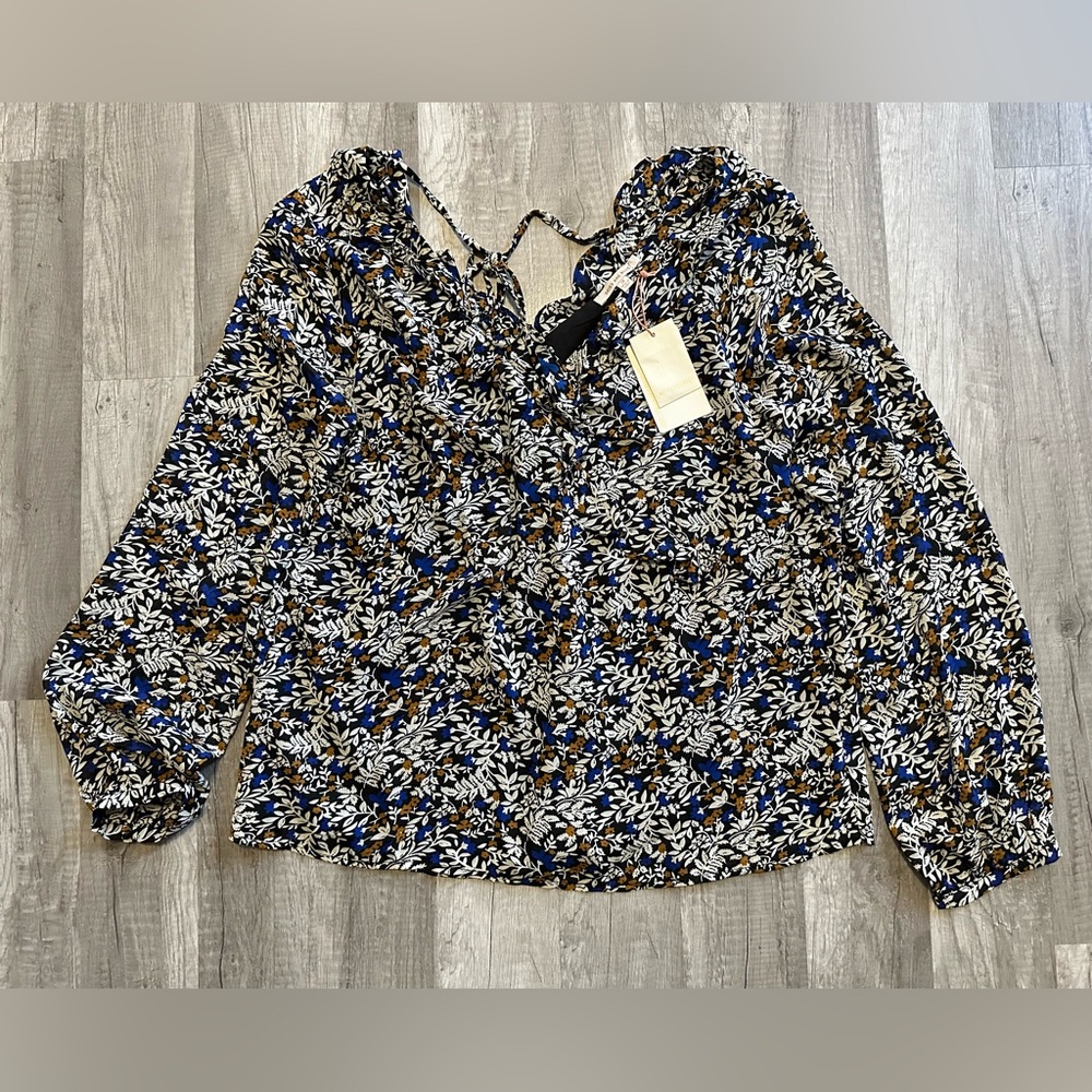 Skies Are Blue BOHO Long Sleeve Floral Bubble Sleeve V‎ Neck Blouse Size Medium - Picture 2 of 16